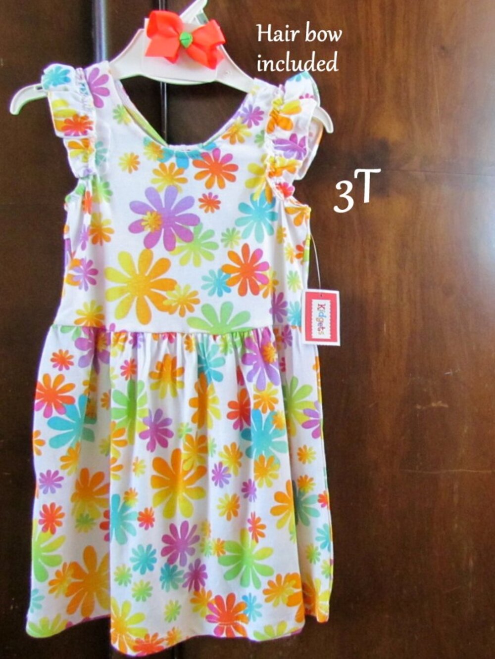 GIRL'S DRESS 3T + HAIR BOW, TODDLER KIDGETS FLORAL RUFFLE SLEEVE CUTOUT BACK